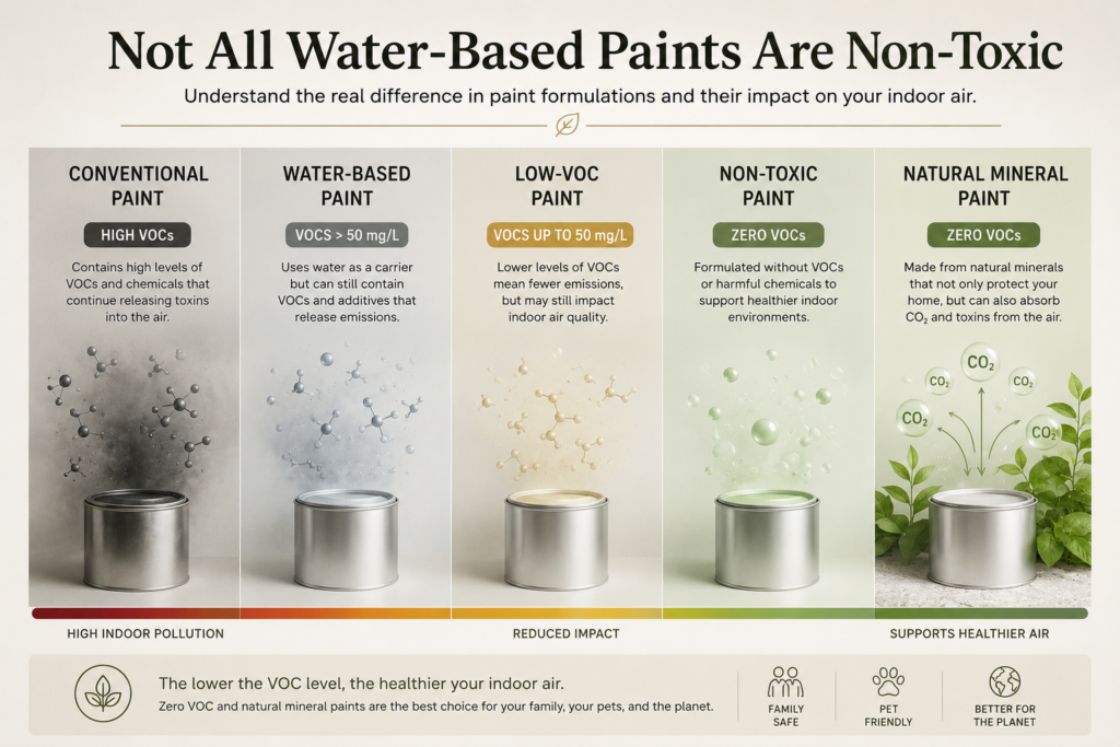 Infographic comparing conventional paint, water-based paint, low-VOC paint, non-toxic paint, and natural mineral paint based on VOC emissions and indoor air quality impact.