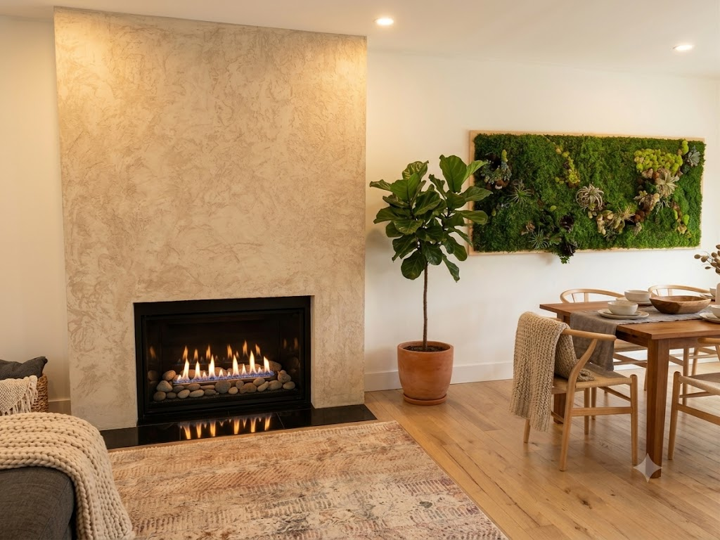 Luxury living room featuring a handcrafted decorative stucco fireplace and preserved moss wall designed by GreenTech Painting in London, Ontario.