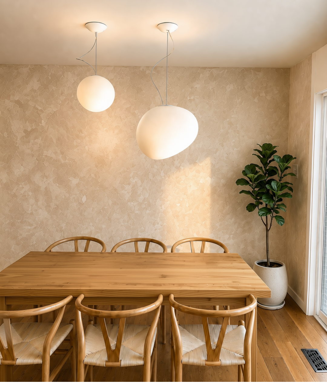 Handcrafted decorative stucco feature wall with soft natural texture in a contemporary dining room completed by GreenTech Painting in London, Ontario.