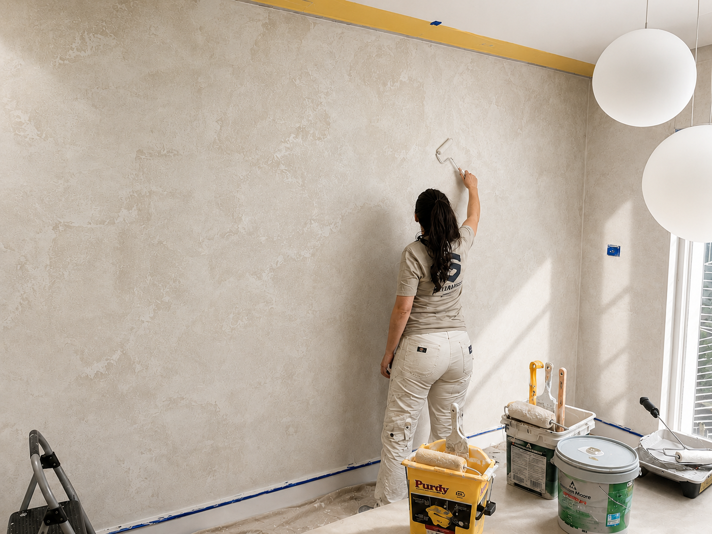 GreenTech Painting artisan applying a handcrafted limewash and decorative stucco finish to a large feature wall in a modern home in London, Ontario.