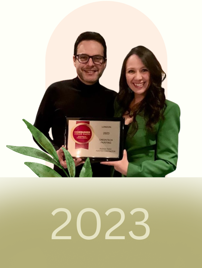 GreenTech Painting founders Yarinka Rojas and Juan Carlos Granados receiving the 2023 Consumer Choice Award as London's preferred residential painting contractor.