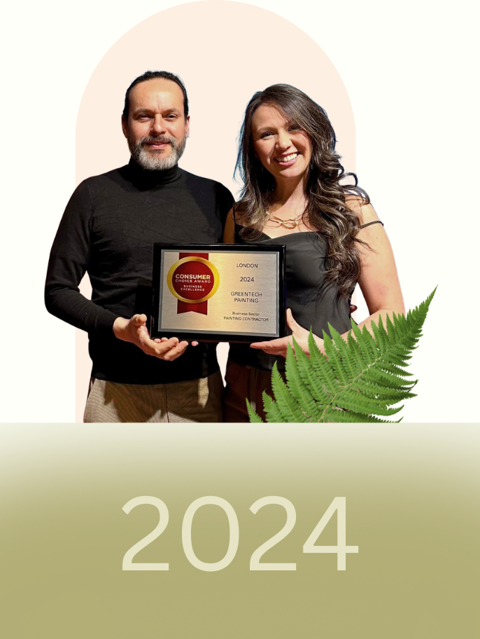 GreenTech Painting founders Yarinka Rojas and Juan Carlos Granados celebrating the 2024 Consumer Choice Award for residential painting excellence in London, Ontario.