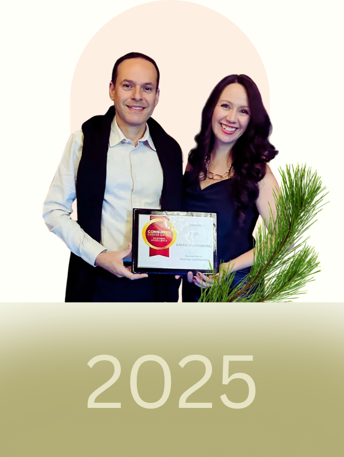 GreenTech Painting founders Yarinka Rojas and Juan Carlos Granados receiving the 2025 Consumer Choice Award, recognizing continued excellence in residential painting services in London, Ontario.