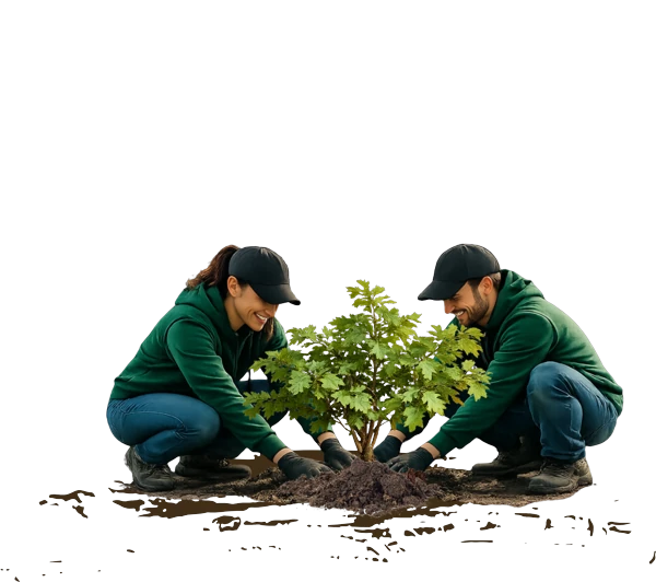 GreenTech Painting team members planting a young tree as part of their environmental sustainability initiative in London, Ontario.