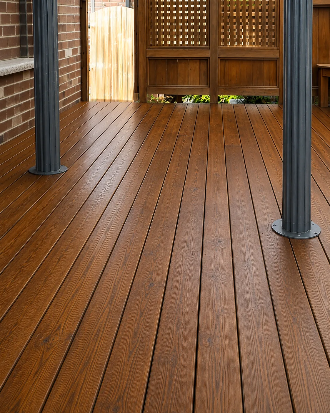Professionally refinished wood deck with a rich, uniform finish by GreenTech Painting in London, Ontario.