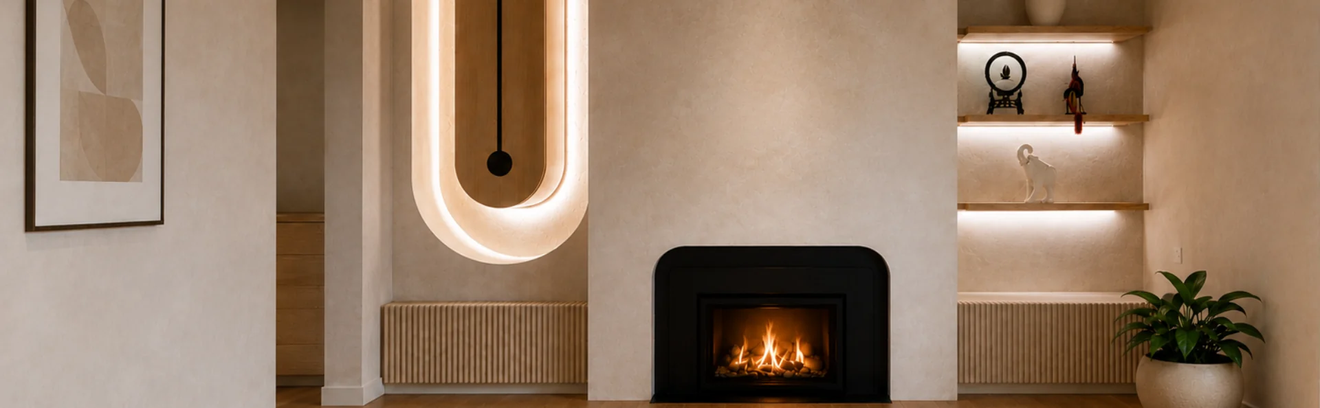 Decorative stucco interior feature wall with modern fireplace and warm textured finish by GreenTech Painting in London, Ontario.