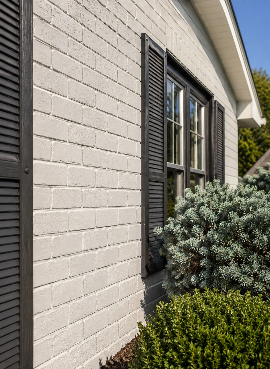 Professionally painted white brick exterior with black shutters by GreenTech Painting in London, Ontario.