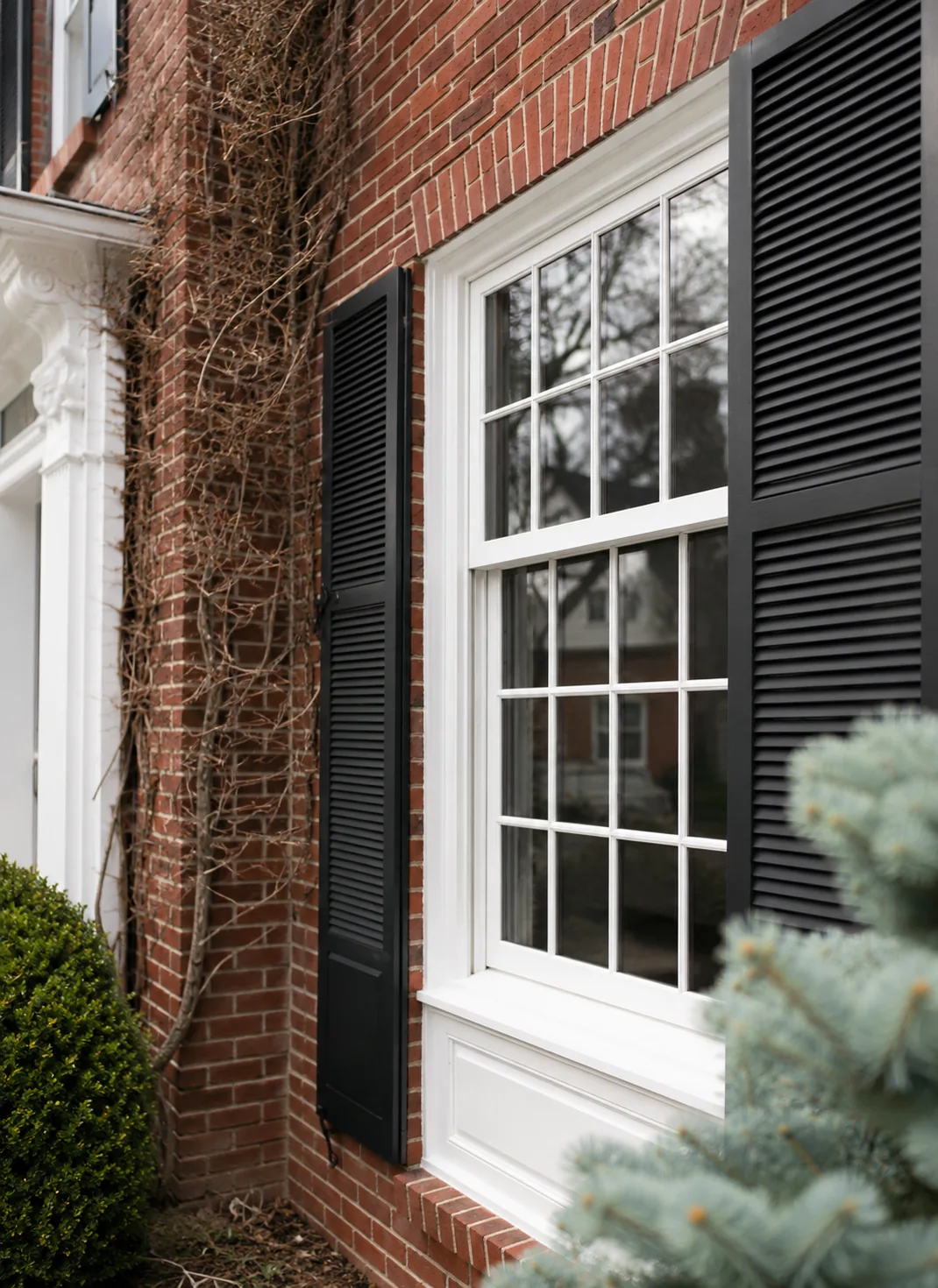 Professionally painted exterior window frame with white trim and black shutters by GreenTech Painting in London, Ontario.