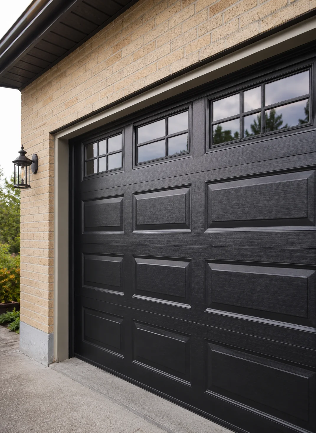 Professionally painted black garage door with a smooth exterior finish by GreenTech Painting in London, Ontario.