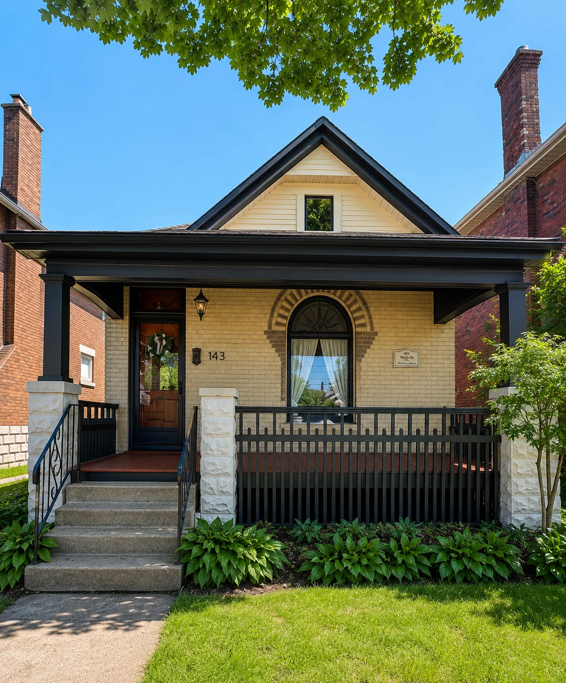 Restored heritage brick home with painted porch, trim and architectural details in London, Ontario.