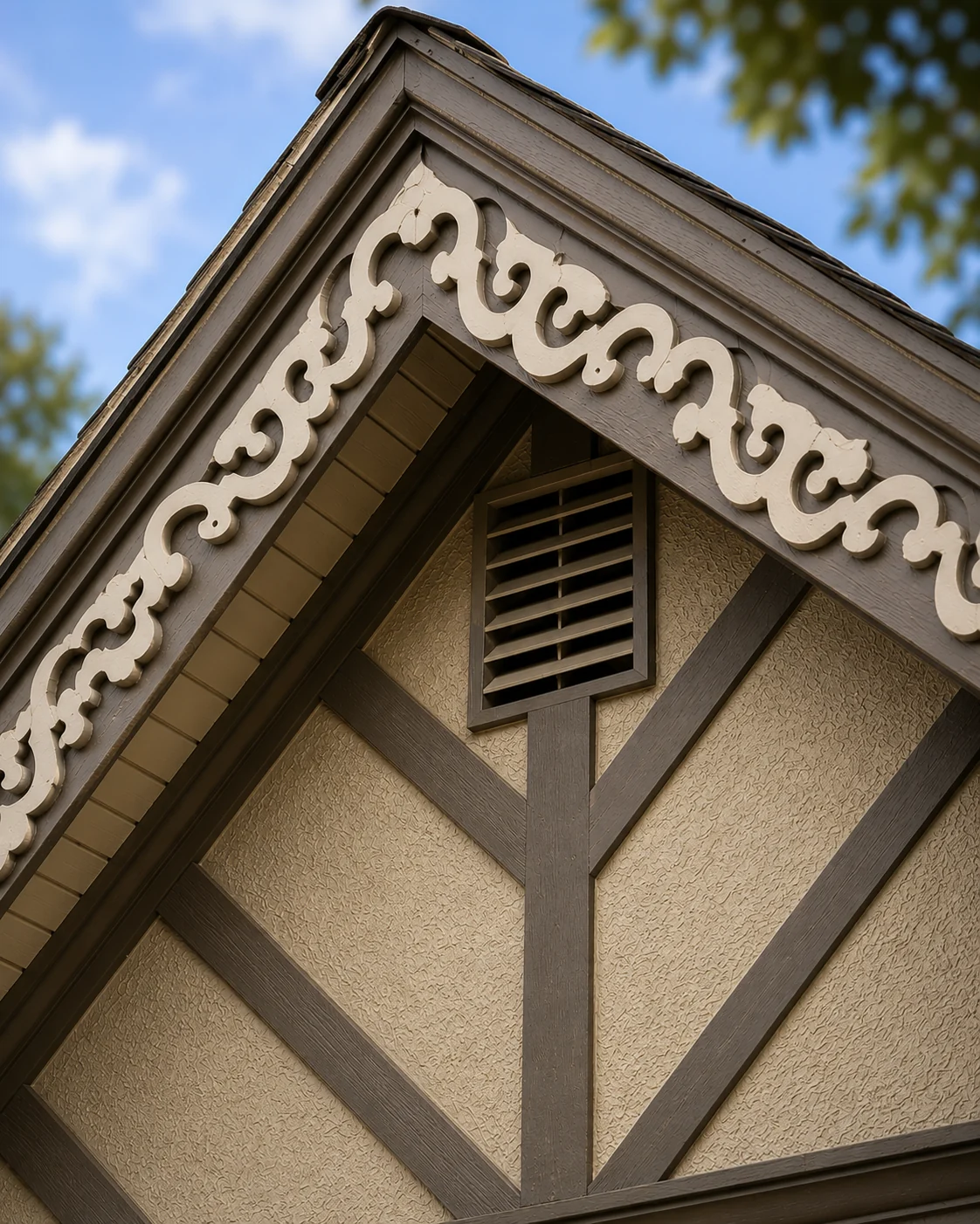 Restored decorative gable trim and Tudor-style architectural details on a heritage home in London, Ontario.