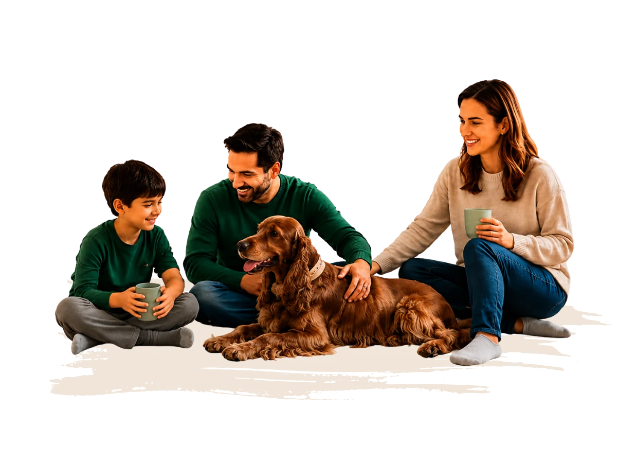 Family with their dog relaxing together in a healthy, eco-friendly painted home by GreenTech Painting in London, Ontario.
