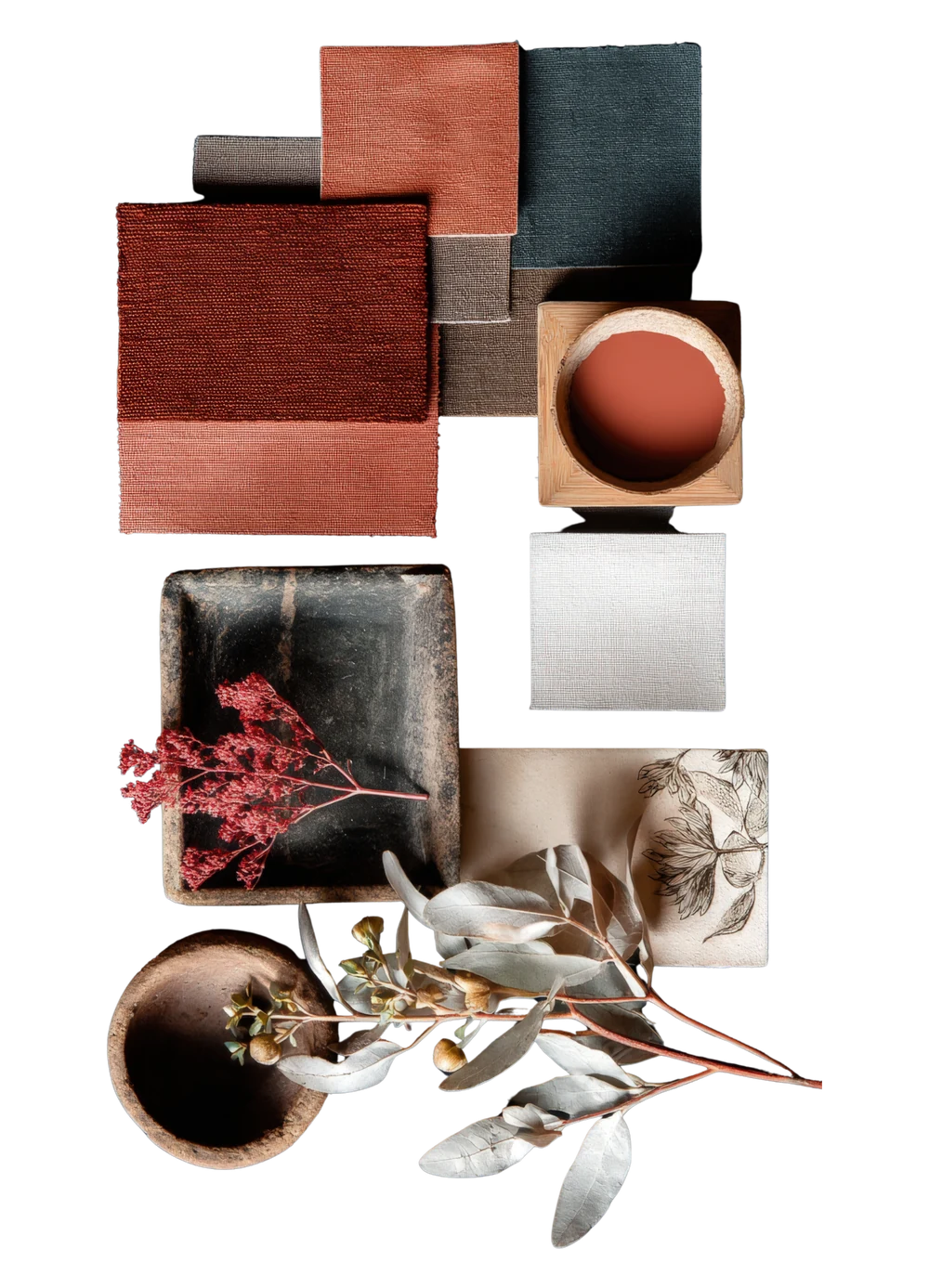 Flat-lay of interior design materials, fabric swatches and natural finishes used in a professional colour consultation by GreenTech Painting in London, Ontario.