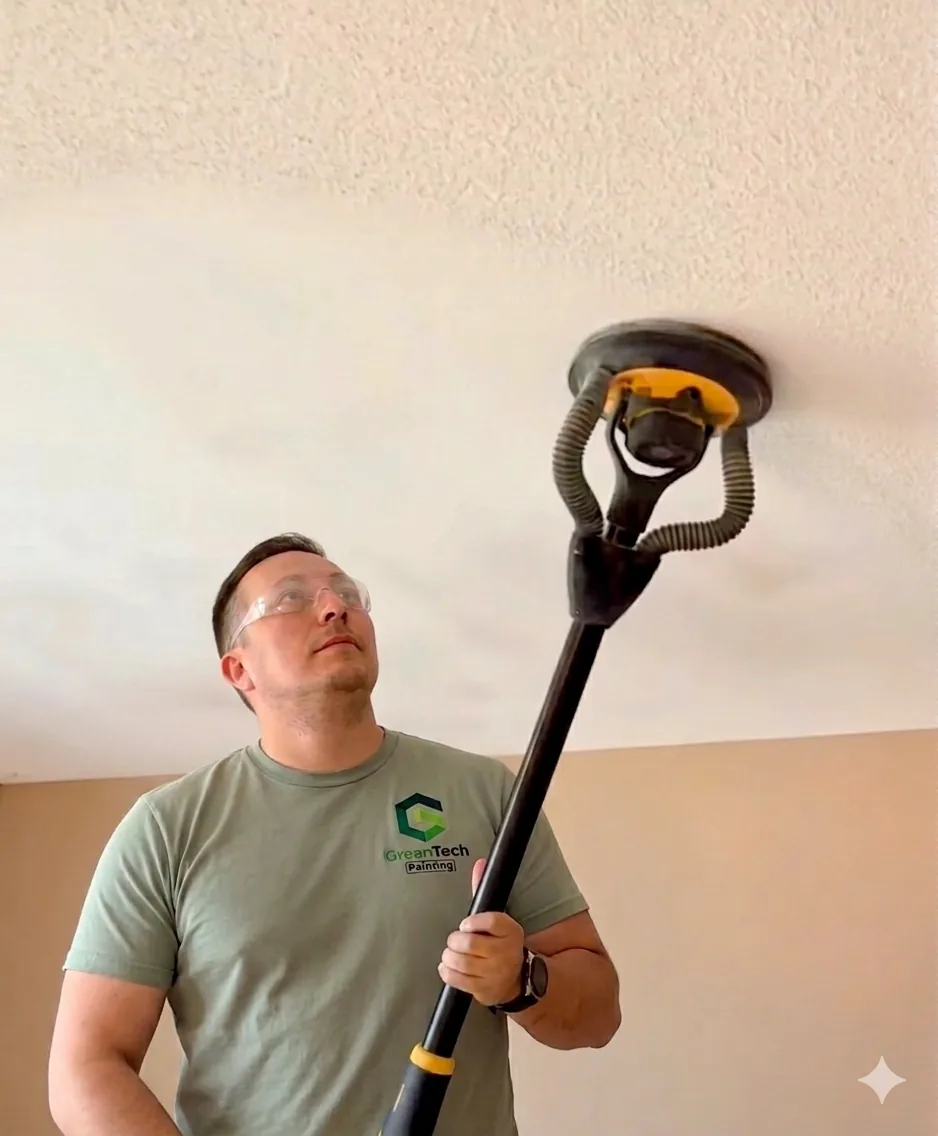 GreenTech Painting technician using professional dust-controlled sanding equipment to remove a popcorn ceiling in a residential home in London, Ontario.