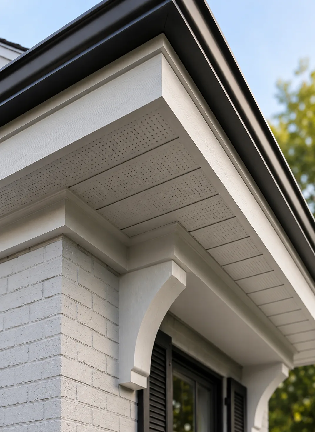 Professionally painted white soffit, fascia, and eaves with a smooth durable finish by GreenTech Painting in London, Ontario.