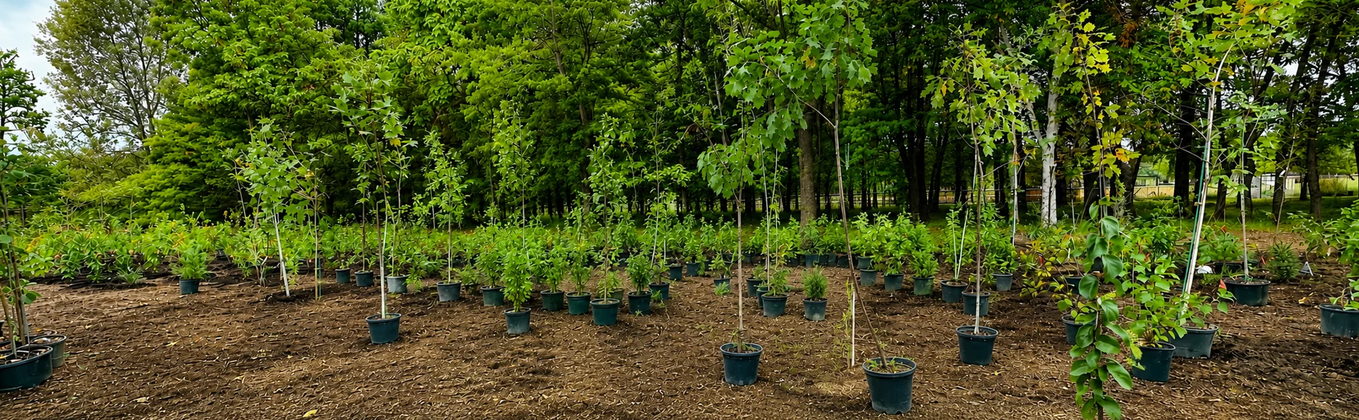 Tree nursery with rows of young trees representing GreenTech Painting's environmental sustainability initiative in London, Ontario.