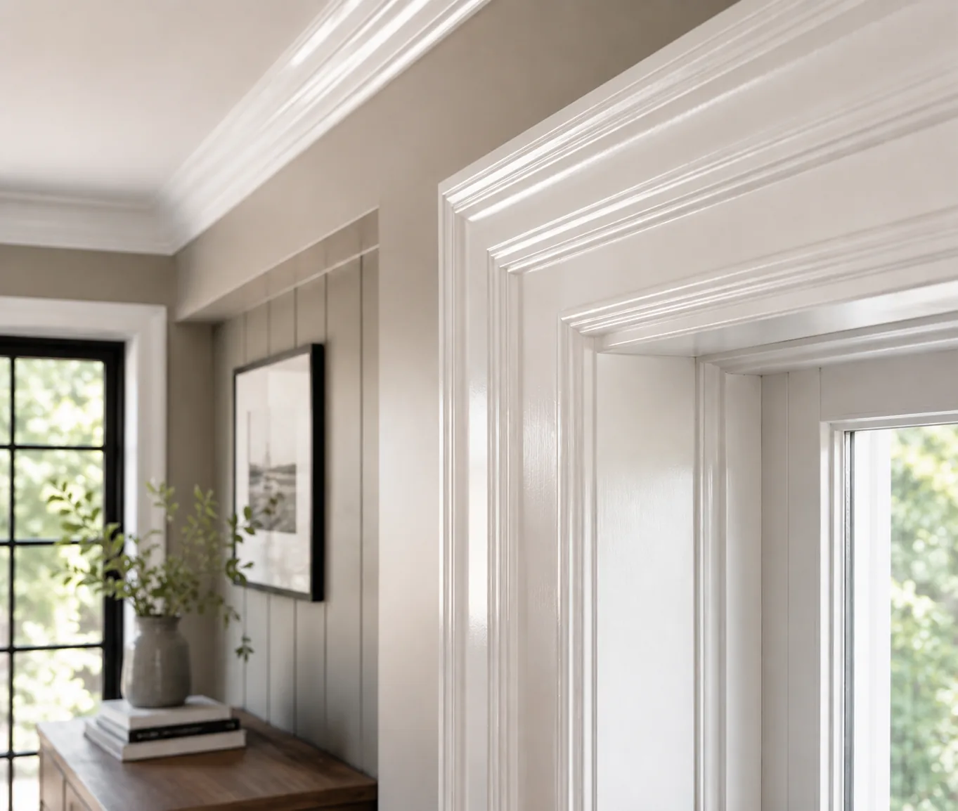 Professionally painted white trim, window casing, and crown moulding with a smooth premium finish by GreenTech Painting in London, Ontario.