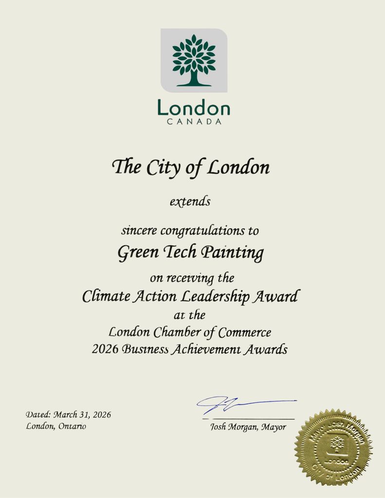 City of London certificate congratulating GreenTech Painting on receiving the 2026 Climate Action Leadership Award.
