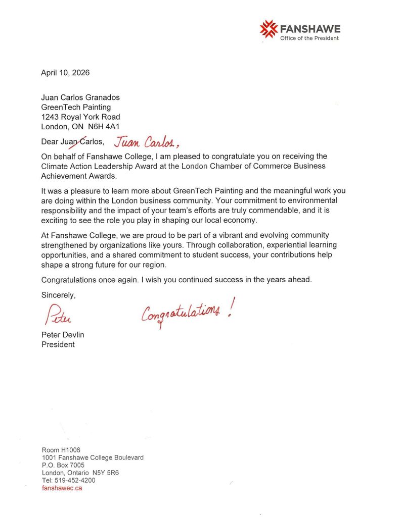 Fanshawe College letter congratulating GreenTech Painting on its Climate Action Leadership Award and environmental responsibility.