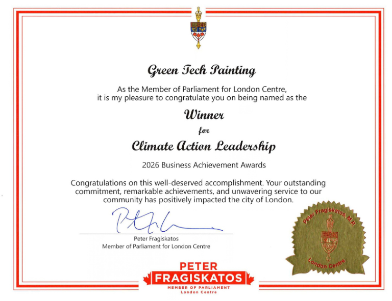 Formal recognition sent to GreenTech Painting following its Climate Action Leadership Award from the Member of Parliament for London Centre.