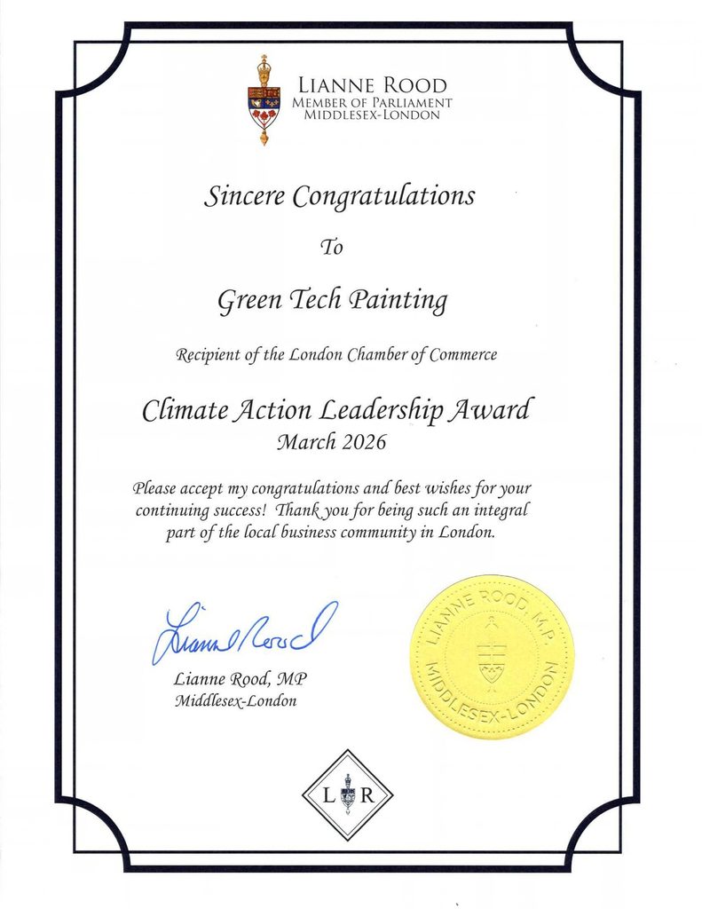 Climate Action Leadership Award congratulations sent to GreenTech Painting from the Member of Parliament for Middlesex—London.